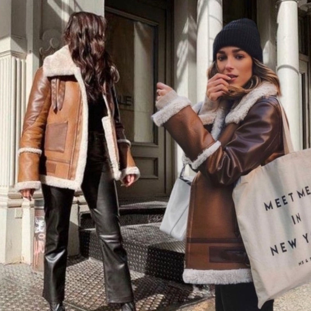 Choosy Amelia Shearling Jacket Aviator Vegan Faux Leather with Cream Accents XL
